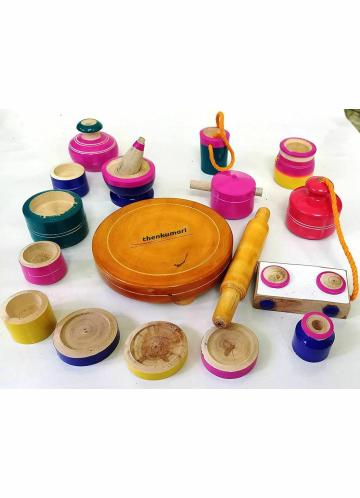 Thenkumari Kids Multicolor Wooden Kitchen Playsets, Gas Stove With Cylinder and Chakla Belan