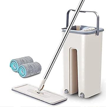 MAAHIL Quality New Unique Microfiber Flat Mop with Bucket, Cleaning Squeeze Hand Free Floor Mop, Extra 1 Reusable Mop Pads, Stainless Steel Handle Spice Container (MULTI)