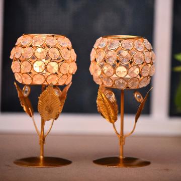 Fashion Bizz Gold Iron Crystal Flower Tealight Holder ,Pack of 2