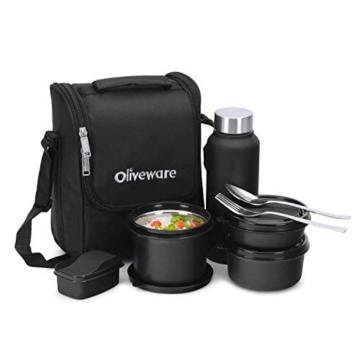 SOPL-OLIVEWARE Leak Proof Black Stainless Steel Lunch Box, Spoon and Fork with Bag