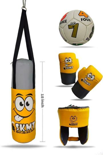 Skmt Kids Boxing Kit - Filled Punching Bag, Gloves, Headgear, Football (Pack Of 3)