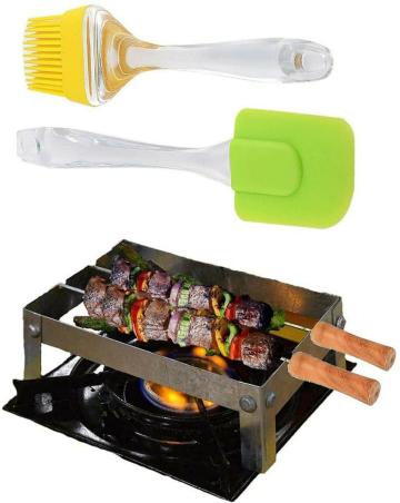 ANSHEZ Foldable Barbeque Grill Chota Tandoor Barbecue Stand with 2 Skewers & 1 Jali, 1 Silicone Spatula Brush, and 1 Pastry Brush