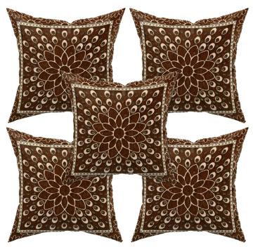 Kuber Industries Velvet Rangoli Design Soft Decorative, Cushion Covers, Bed Chair 16x16 Inch- Pack of 5(Brown)