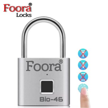 Foora Bio-46 smart lock waterproof fingerprint padlock size 46mm, silver finish, biometric device