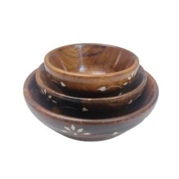 Yamkay Wooden Handmade Multipurpose Serving Bowl for Kitchen (Brown) -Set of 3
