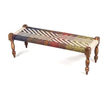 Ikiriya Hamilton Sheesham Wood 2 Seater Maachi Bench| Patio Bench in Assorted Multi-Colour Chindi & White Rope Canning