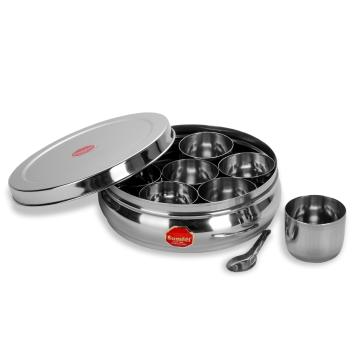 Sumeet Stainless Steel Belly Shape Masala (Spice) Box / Dabba/ Organiser with 7 Containers and Small Spoon Size No. 10 (17.1cm Dia) (1.1 Ltr Capacity)