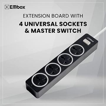 EMBOX 10A Extension Board with 3 Meter Cable with Master Switch-Multi Plug Socket with 4 Universal Sockets-Extension Cord with Safety Shutter and LED Indicator-2500W (3 Meter Cable, Black)