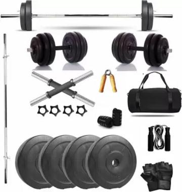GYM INSANE18Kg PVC Gym Equipment Weight Plate Kit 3ft Straight Barbell Dumbbell Rod Set Home Gym Kit