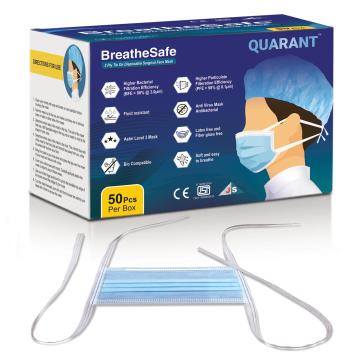 QUARANT 3 Ply Tie On Disposable Surgical Face Mask with Adjustable Nose Clip (Blue, Free Size, Pack of 50)