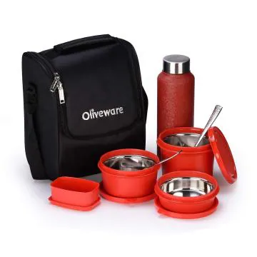 SOPL-OLIVEWARE Leak Proof Red Stainless Steel Lunch Box, Spoon and Fork with Bag - 1470 ml