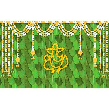 Big Banana Leaf Design with Yellow White Flower Hangings Backdrop (5*8 Ft)