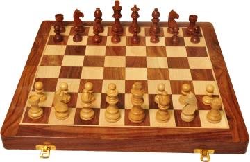 Palm Royal Handicrafts 12.5 inches Magnetic Folding Wooden Chess Board with 32 pieces and 2 Extra Queen 5.5 cm Chess Board (Brown)