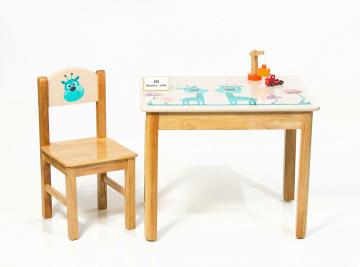 Modern Kraftz Light Brown Wooden Giraffe And Colorful Mushrooms Themed Single Seater Kids Table Chair Set