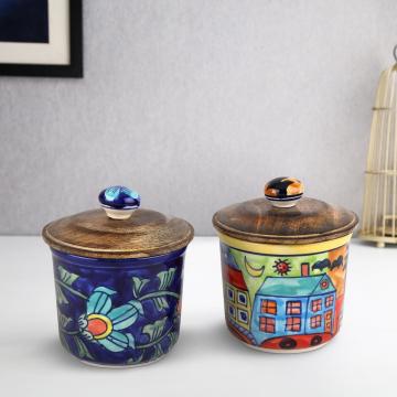 LA TABLEWARE Multi color Ceramic Decorative Jar Table Jar with Wooden Airtight Lid 300 ml (Set of 2)