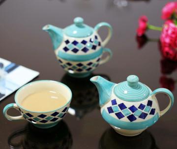 LA TABLEWARE Excellent Double Decker Set of Blue Hand Painted Ceramic Pot & Cup (Set of 1)