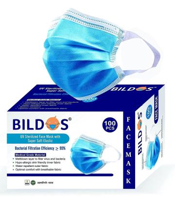 Bildos 3 layer disposable mask with super soft ear loop ( Blue, Pack of 100)
