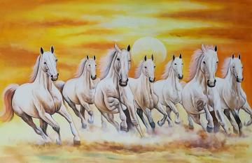 Hanish Arts & Crafts Multicolour Seven Horses Handmade Canvas Painting 24 inch x 36 inch (hor01-h4)