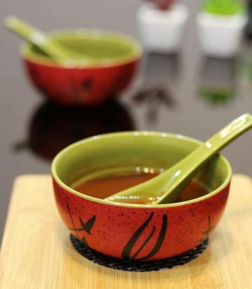 LA TABLEWARE Hand Painted Ceramic Soup Bowl with Spoon, Red 300 ml - Set of 2
