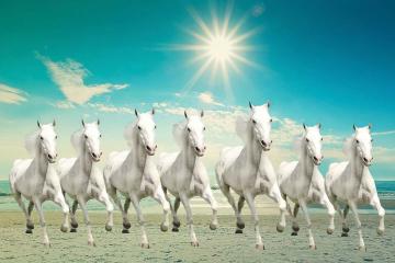 Elegance Vastu 7 White Running Horses Canvas Painting For Home Decoration