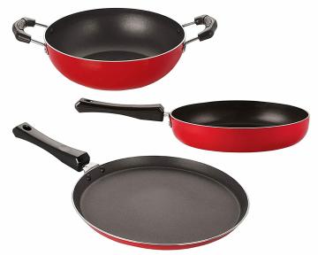 Nirlon Red Aluminium Non-Stick Cookware Set 3 pcs with Bakelite Handle (FT10-FP10-KD10)