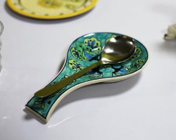 LA TABLEWARE Ceramic Spoon Rest Hand Painted in Blue & Yellow (Set of 1)