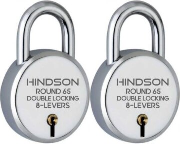 HINDSON Lock Round 65mm with 3 Key, Link Steel Double Locking, 8 Lever Padlock for Door, Gate, Shutter ( Finish Silver ) (Pack of 2)