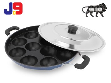 J09 Blue Non-Stick 12 Cavity Aluminium Appam Patra with Stainless Steel Lid