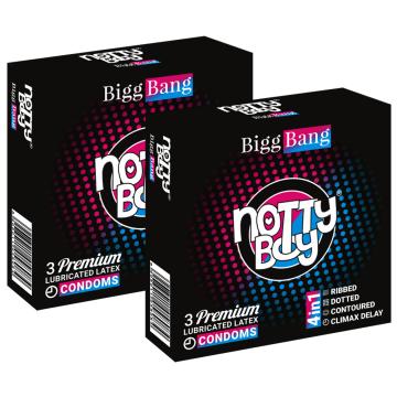 NottyBoy BiggBang 4-IN-1 Condoms - Climax Delay, Ribbed, Dotted & Contoured Condoms - 6 units