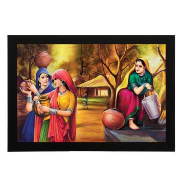 Masstone Rajasthani Panihari Matt Textured Framed UV Digital Reprint Painting 20 x 14 inch