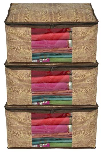 Kuber Industries Wooden Print 3 Piece Non Woven Fabric Saree Cover,Extra Large (Brown)