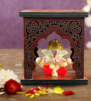 Expleasia Ganesha Idol with Wooden Temple for Home mandir, Temple, car Dashboard Temple, Gift Items (Ganesha Temple 2)