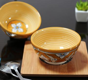 LA TABLEWARE Large Ceramic Bowls Hand Painted in lemon yellow pattern, 475 ml (Set of 2)