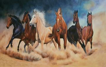 Hanish Arts & Crafts Canvas Rectangular 6 Horses Handmade Painting 30 x 48 inch