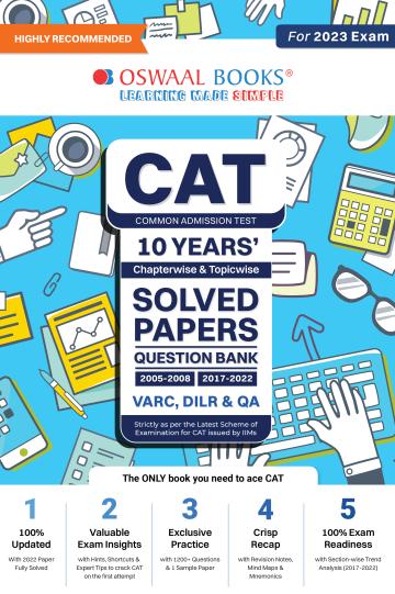 Oswaal CAT 10 Years' Chapter-wise and Topic-wise Solved Papers Question Bank 2005-2008, 2017-2022 VARC, DILR & QA (For 2023 Exam)_Oswaal books