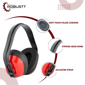 Robustt 3 position adjustable Earmuffs for noise reduction (rating 21 decibel) with soft foam filled cusion (pack of 1 , Red and Black)