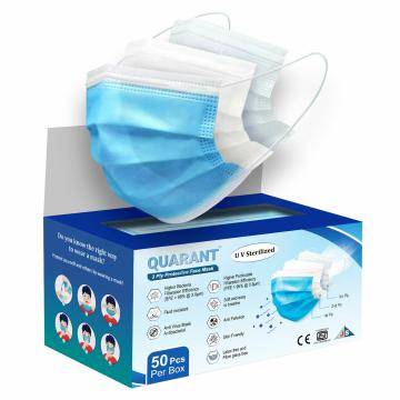 QUARANT 3 Ply Protective Surgical Face Mask with Adjustable Nose Pin, UV Sterilized (Free Size, Blue, Pack of 50)