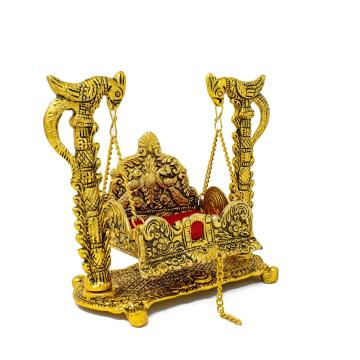 Style Homez TVASHTR ART, Swing Jhula For Ladoo Gopal Krishan Ji Gold color Plated Metal Statue Décor, Antique Finish Decorative Showpiece