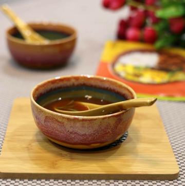 LA TABLEWARE Ceramic Soup Bowl with Spoon in Pink Studio Pattern, 300 ml (Set of 2)