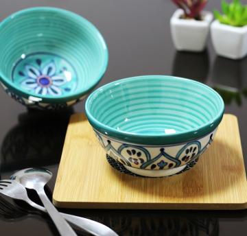 LA TABLEWARE Large Ceramic Bowls Hand Painted in green pattern, 475 ml (Set of 2)
