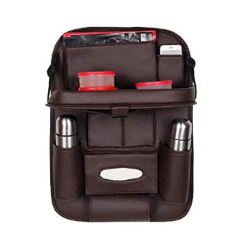 CARMATE Universal PU Leather Auto Car Seat Back Organizer with Foldable Dining Table Tray, Multipocket Storage Tablet, Bottle and Tissue Paper Holder (Coffee)