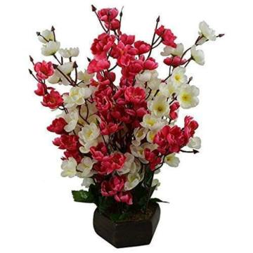 Dekorly Red and White Orchid Bonsai Blossom Artificial Flowers with Wooden Pot 40 cm