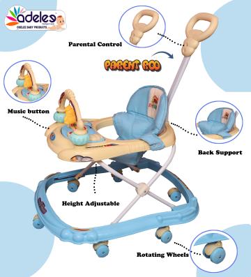 Odelee Blue Noody Musical Baby Activity Walker with Adjustable Height and Parental Rod (6-18 M)