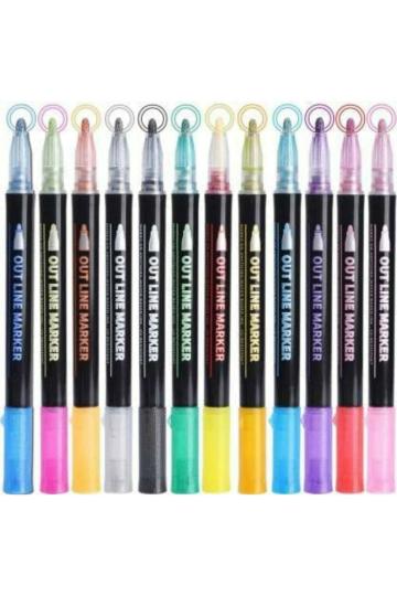 Luvvy Tuffy Multicolor Super Squiggles Outline Metallic Marker Pens (12 Pieces)