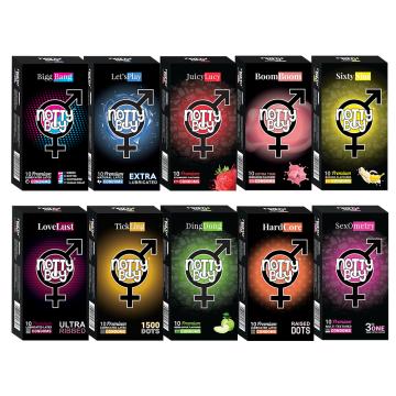 NottyBoy Exotic Flavour 4in1 & 3in1, OverTime,Ultra Ribs,1500 Bold Dots,ExtraLube Condoms-100 Pieces