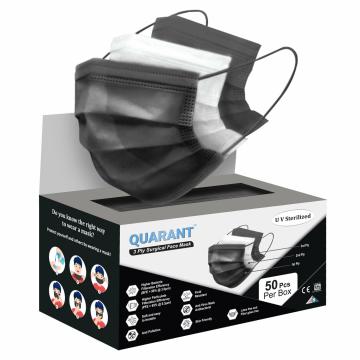 QUARANT 3 Ply Surgical Face Mask with Adjustable Nose Pin , UV Sterilized (Free Size, Black, Pack of 50)