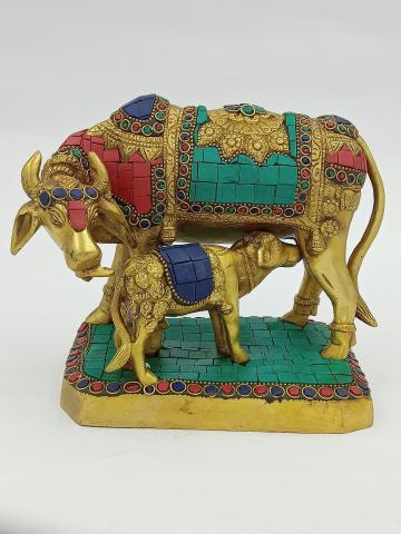 Arihant Craft Kamdhenu Idol Handcrafted Stone Work Showpiece - 15 cm (Brass, Multicolour)