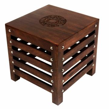 SATTVA Wooden Stools Brown Color, Handcrafted Antique Finish Handmade Table for Office Square Stool Incomplete