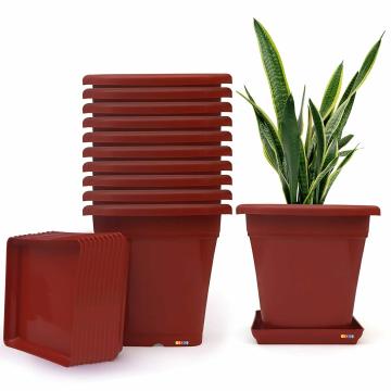 Livzing Square Flower Pot with Bottom Tray Set Home Garden Office Plant Balcony Flowering Planter (9-Inch, Brown, Pack of 10)