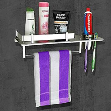 GLOXY ENTERPRISE 3 in 1 Shelf Rack for Bathroom Multipurpose Stainless Steel Bathroom Shelf/Rack/Towel Hanger/Tumbler Holder/Tooth Brush Holder Bathroom Accessories (15 x 5 Inches)